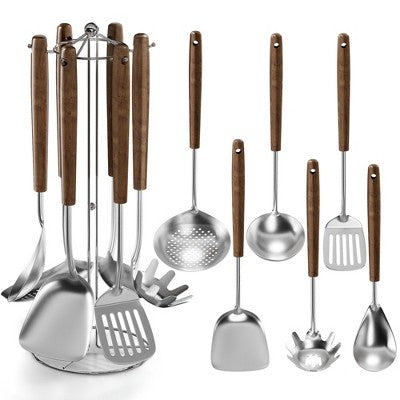 7-częściowy stalowy zestaw kuchenny z drewnianymi uchwytami