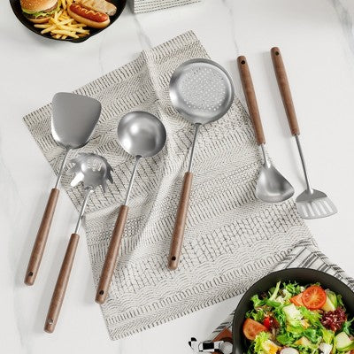 7-częściowy stalowy zestaw kuchenny z drewnianymi uchwytami