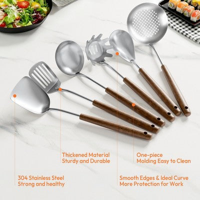 7-częściowy stalowy zestaw kuchenny z drewnianymi uchwytami