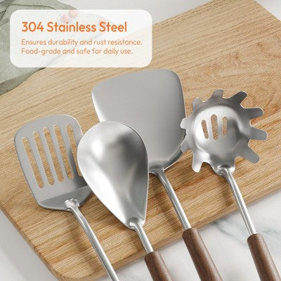 7-częściowy stalowy zestaw kuchenny z drewnianymi uchwytami